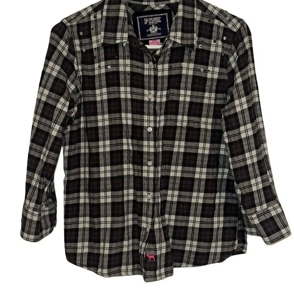 PINK Victoria's Secret Gray White Plaid Flannel Rhinestone Shirt Ladies Medium